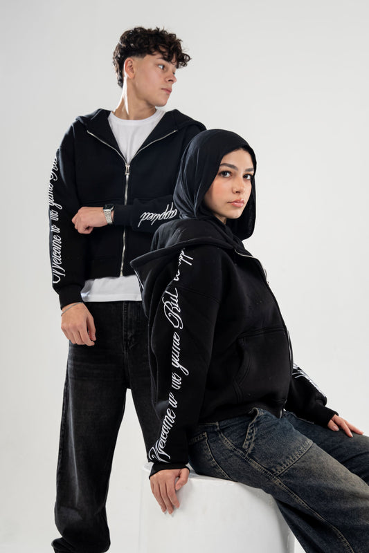 Black Embroidered Zip-UP